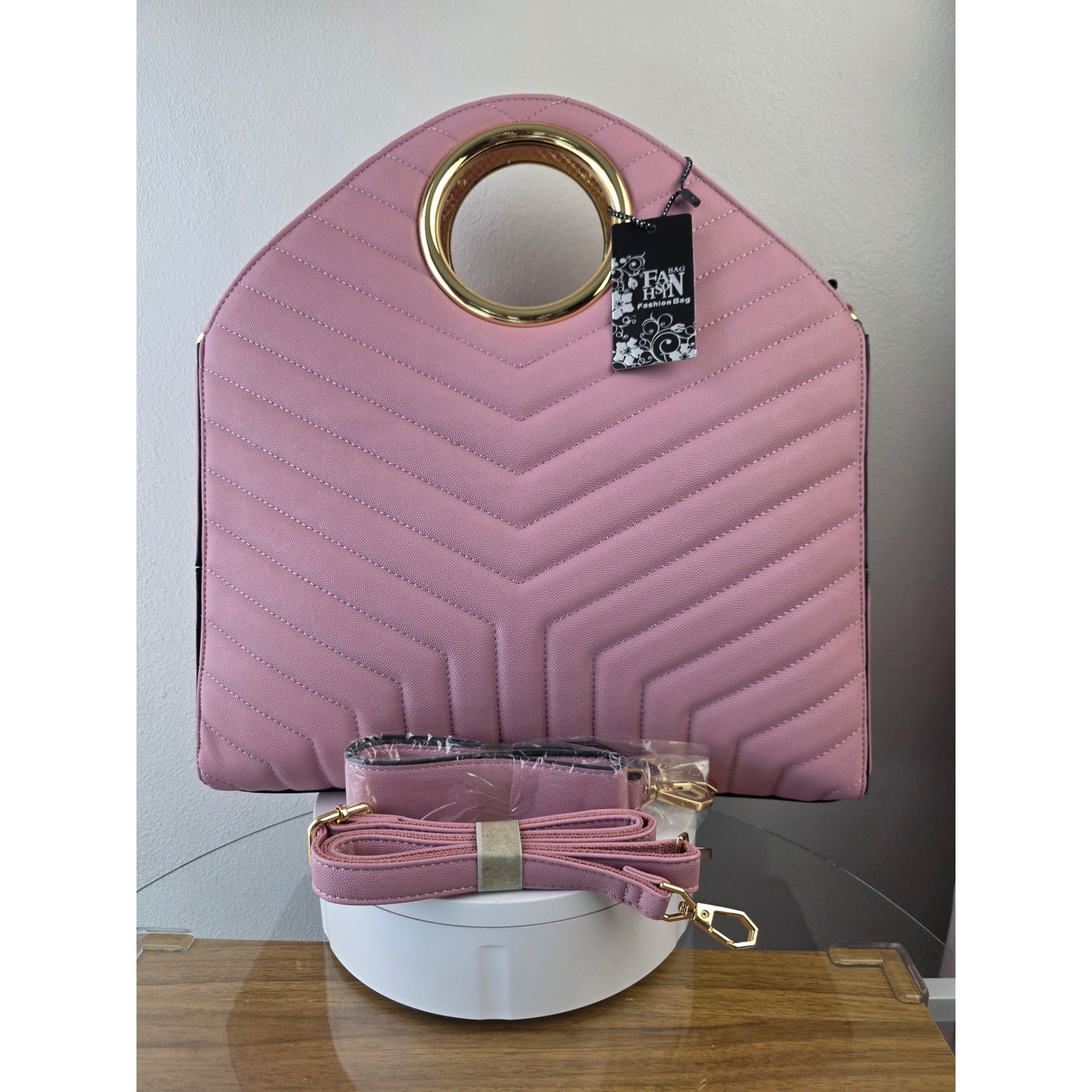 Pink Chevron Quilted Satchel Gold Ring Handle Vegan Leather Hand Bag